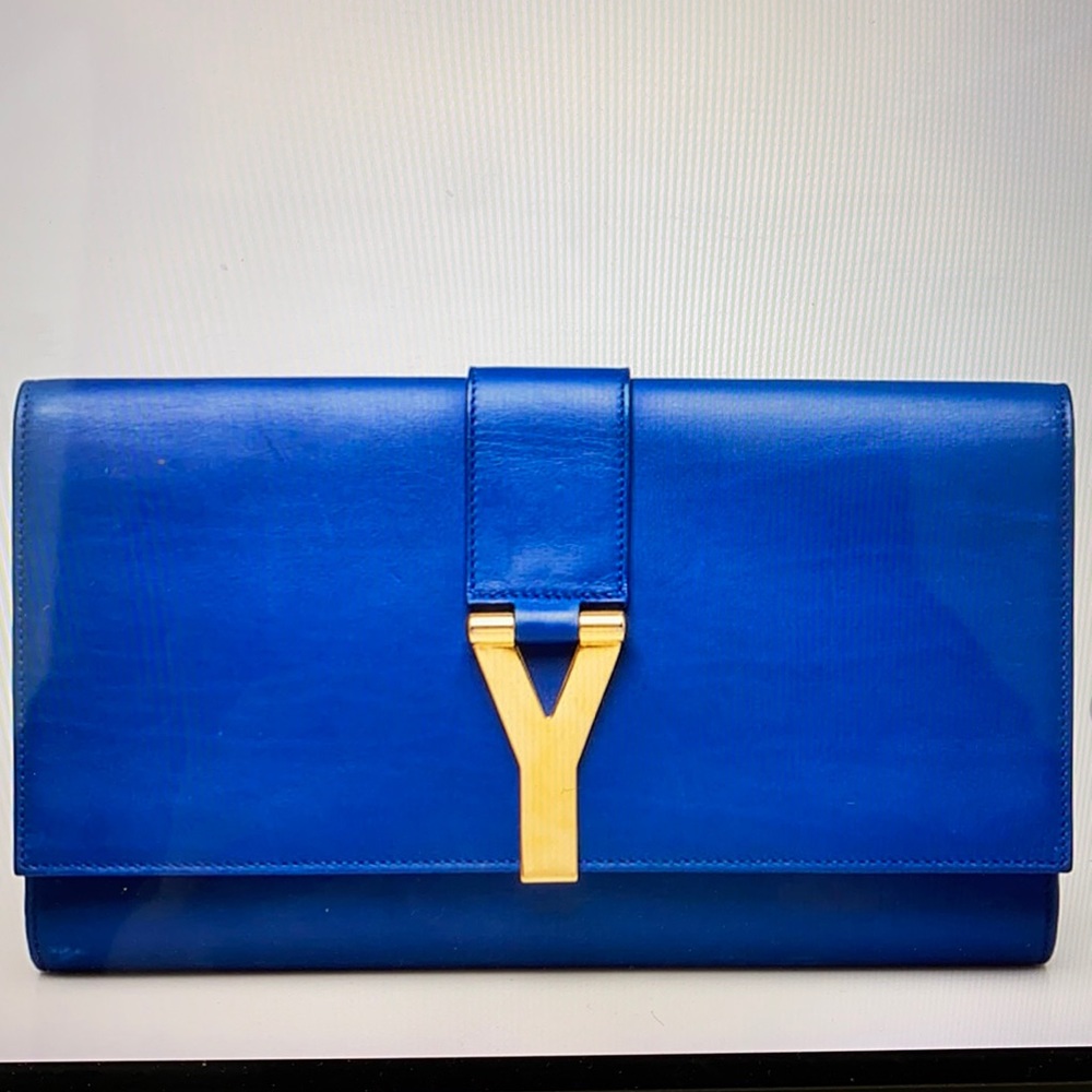 YVES SAINT LAURENT Blue Smooth Leather Ligne Y Clutch Bag